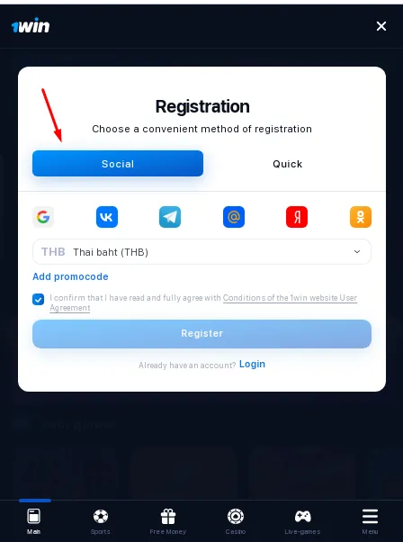 1win registration through social networks